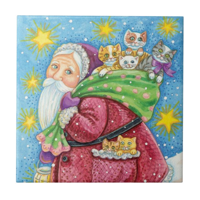 Carreau Joyeux Noël, le Père Noël avec des chatons et des  (Devant)