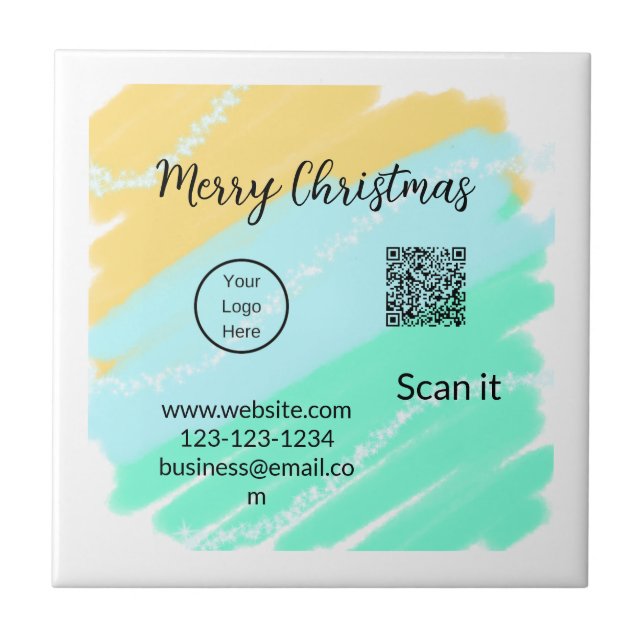 Carreau Joyeux Noël QR code entreprise jaune vert eau (Devant)