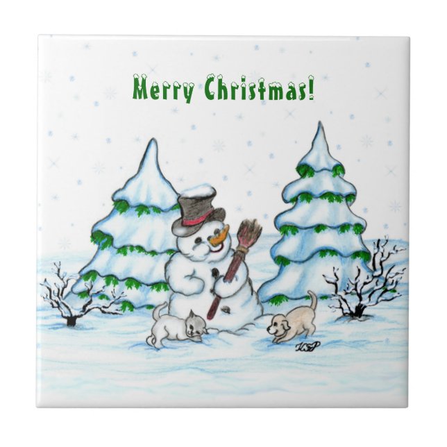 Carreau Joyeux Noël ! Snowman avec chat et chiot (Devant)