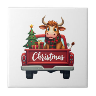 Carreau Joyeux Noël Vache des Highlands Sapin de Noël Roug