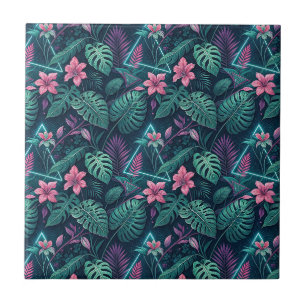 Carreau Jungle Tropical Néon et Motif Cyberpunk Hibiscus