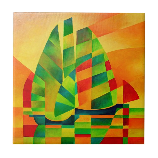 Carreau Junks chinois, coucher de soleil, voiles et ombres (Devant)