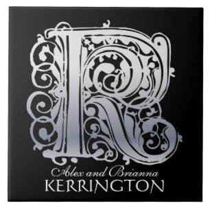 Carreau K Monogramme "Dentelle d'argent sur noir" avec Nom