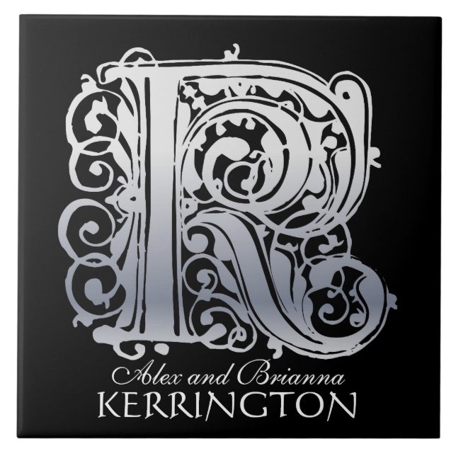 Carreau K Monogramme "Dentelle d'argent sur noir" avec Nom (Devant)