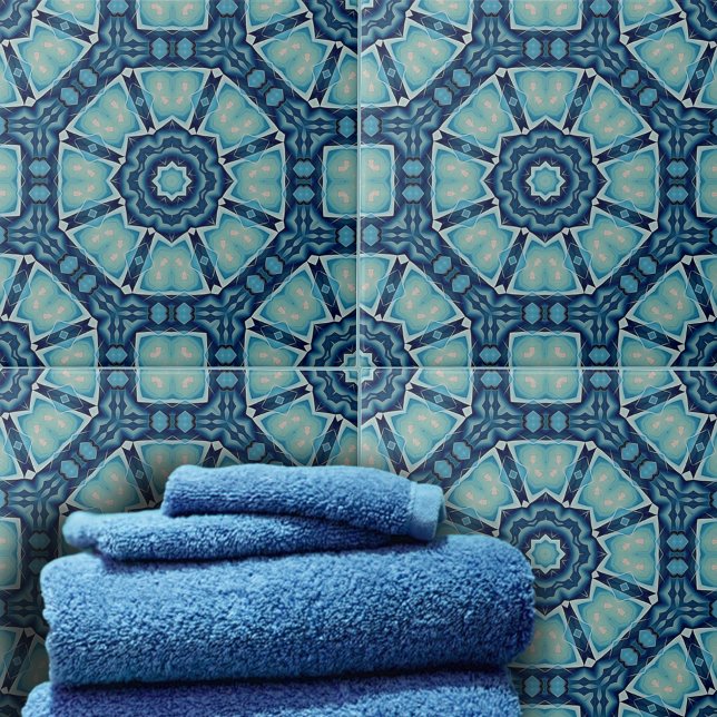 Carreau Kaleidoscopique bleu doux et géométrique Indigo (Créateur téléchargé)