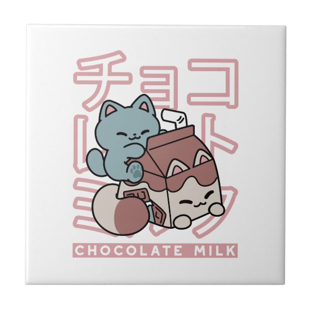 Carreau Kawaii Cat with Chocolate Milk – Japanese Pop Art  (Devant)