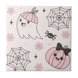 Carreau Kawaii Motif d'Halloween rose avec Ghost, Citrouil
