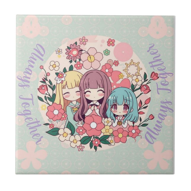 Carreau Kawaii Trio - Mignonnes Filles Anime & Vibes Flora (Devant)