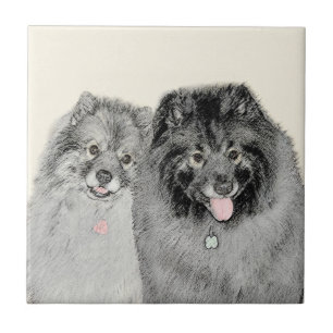 Carreau Keeshond Maman et Son Peinture - Art Chien origina