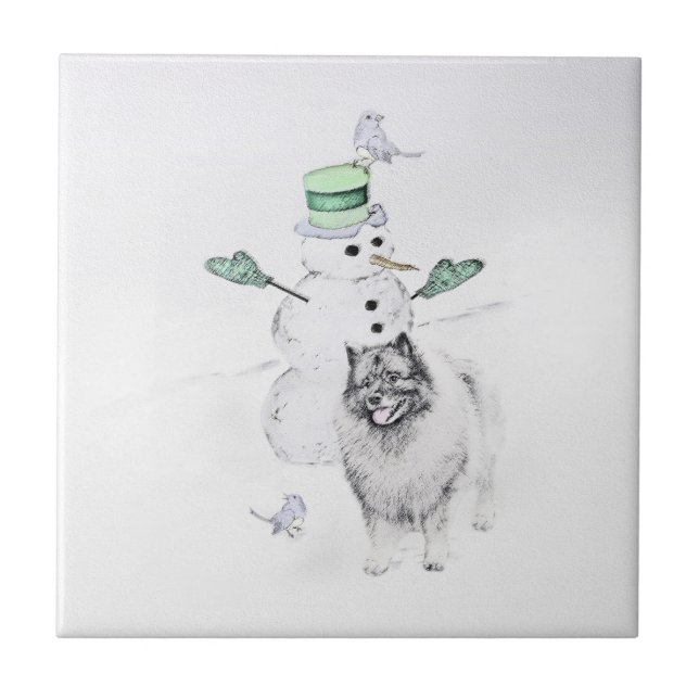 Carreau Keeshond Noël Snowman Peinture Chien Art (Devant)
