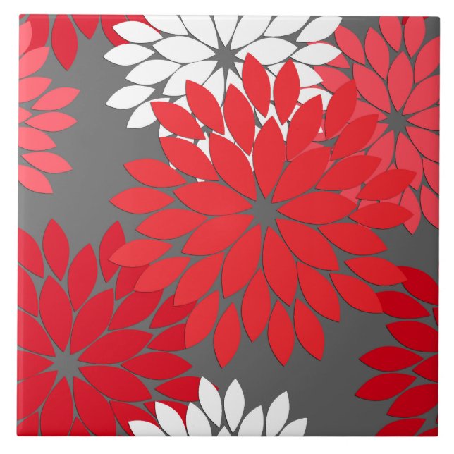 Carreau Kimono floral moderne Imprimer, Coral rouge et gri (Devant)