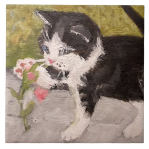 Carreau Kitten Jouer avec Fleur rose