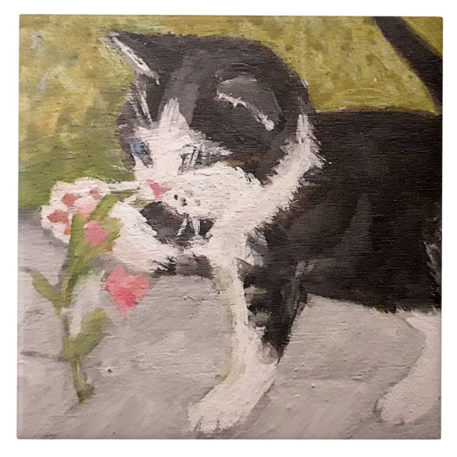Carreau Kitten Jouer avec Fleur rose (Devant)