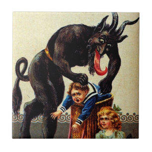 Carreau Krampus Enfants en panier Noël Vintage
