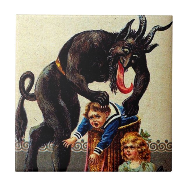 Carreau Krampus Enfants en panier Noël Vintage (Devant)