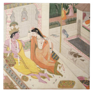 Carreau Krishna et Radha sur un lit dans un palais de