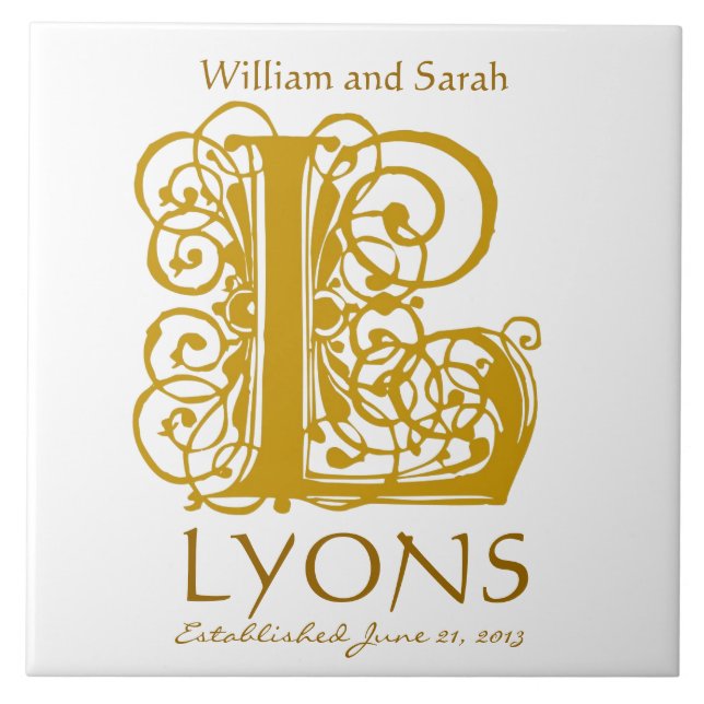 Carreau L Monogramme or sur blanc - Noms Mariage Date Tile (Devant)