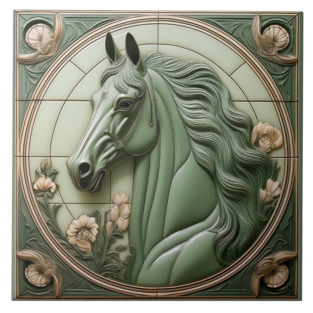 Carreau L Sage green faux relief Art Nouveau Horse Head (Devant)