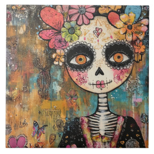 Carreau La Catrina squelette avec couronne de fleurs