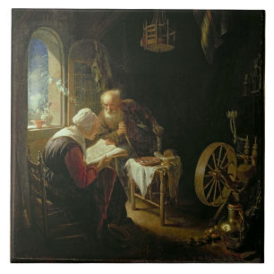 Carreau La leçon de bible, ou Anne et Tobias (huile sur le