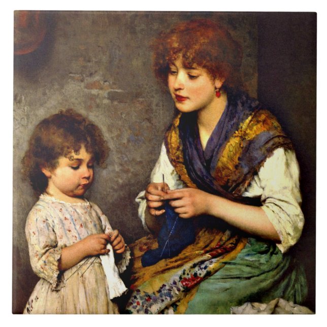 Carreau La Leçon de tricot, peinture d'art fin (Devant)