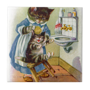 Carreau la maman de chat de minou des années 1930 lave son