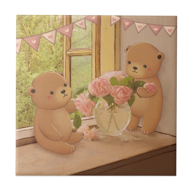 Carreau La Saint-Valentin : ours en peluche et fleurs (Devant)