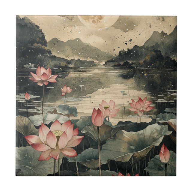 Carreau Lac de lotus au clair de lune (1) (Devant)