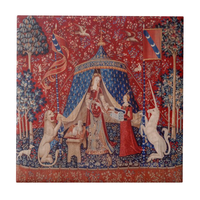 Carreau Lady and Unicorn Medieval Tapestry Desire (Devant)