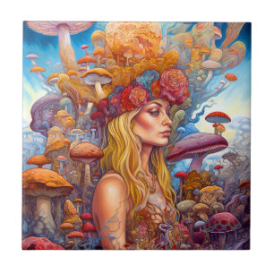 Carreau Lady Et Champignons Surreal Imaginaire Art