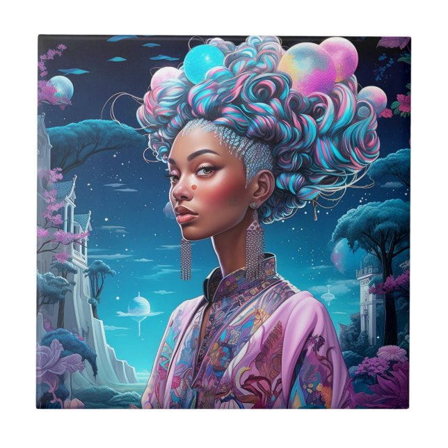 Carreau Lady In Surreal World African American Art Purple (Devant)