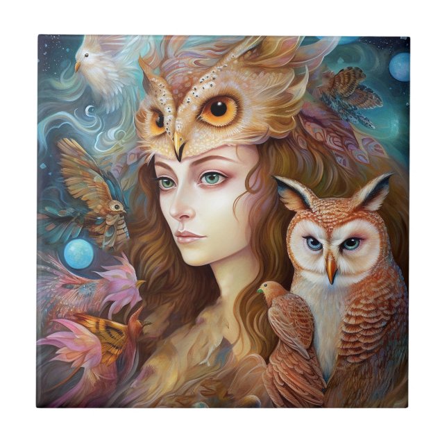 Carreau Lady With Owl Surreal Imaginaire Art (Devant)