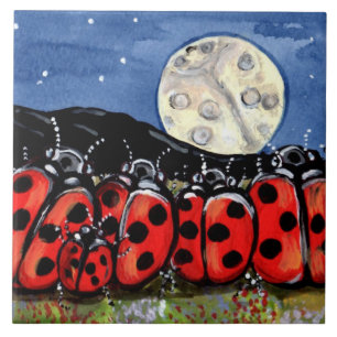 Carreau Ladybug Family Moon Night Design 6" Tile Trivet