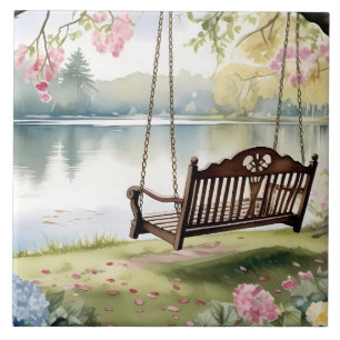 Carreau Lakeside Swing dans le jardin d'aquarelle romantiq