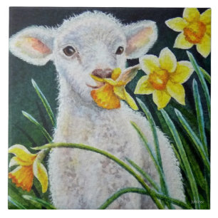 Carreau Lamb bébé et jonquilles de printemps Aquarelle A