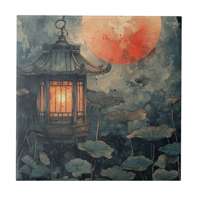 Carreau Lanterne Lotus Clair de Lune Aquarelle (Devant)