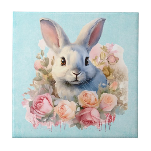 Carreau Lapin avec une guirlande de roses mignon (Devant)