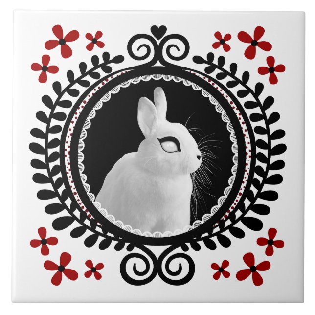 Carreau Lapin Blanc Étrange : Blanc, Noir & Rouge  (Devant)