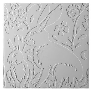 Carreau Lapin Blanc Gris Floral Embossé Bois Animal