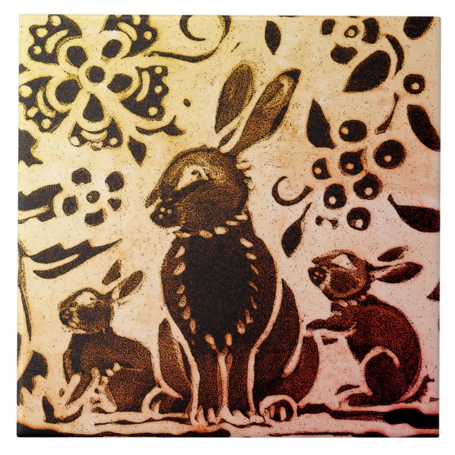 Carreau Lapin Brun Doré Rouillé Floral Feuilles D'Automne  (Devant)
