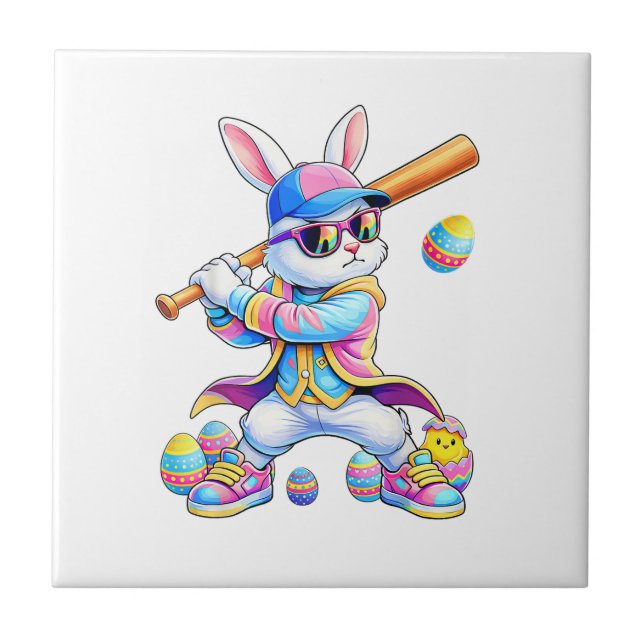 Carreau Lapin de baseball tie dye drôle Pâques lapin homme (Devant)