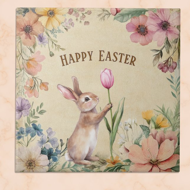 Carreau Lapin de Pâques bébé avec tulipe rose florale vint (Créateur téléchargé)