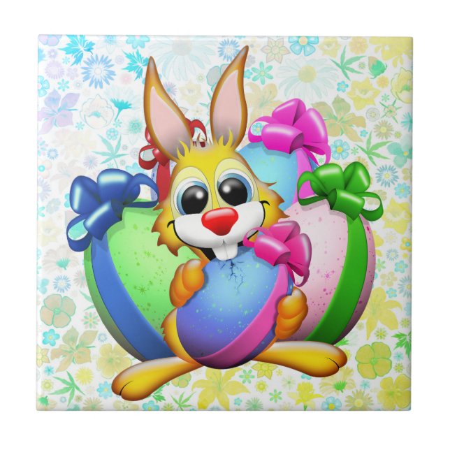 Carreau Lapin drôle mordant un œuf de Pâques (Devant)