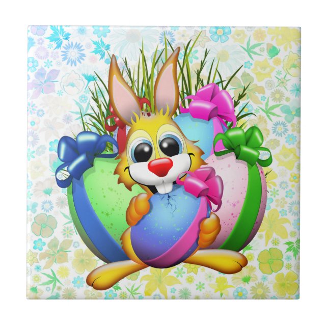 Carreau Lapin drôle mordant un œuf de Pâques (Devant)