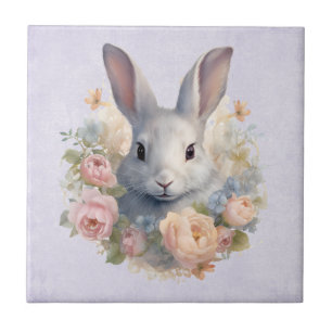 Carreau Lapin entouré de fleurs pastel Mignon