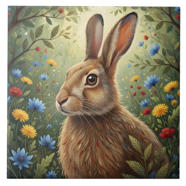 Carreau Lapin fantaisiste et fleurs de forêt Nature (Devant)
