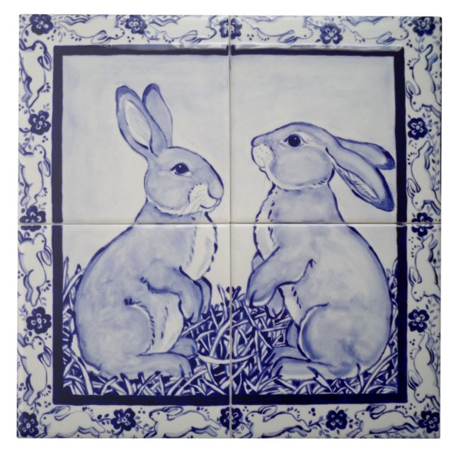 Carreau Lapin Lapin Bleu et Blanc Dedham Delft Whimsical (Devant)