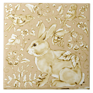 Carreau Lapin Lapin Boeuf Beige Oiseau Flore Feuilles Scro
