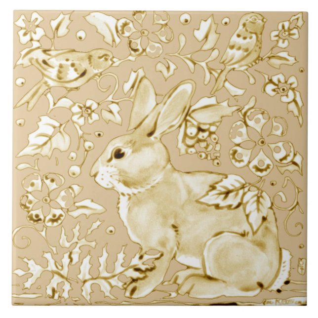Carreau Lapin Lapin Boeuf Beige Oiseau Flore Feuilles Scro (Devant)