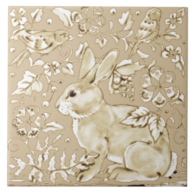 Carreau Lapin Lapin Lapin Tan Tan Beige Oiseau Flore Feuil (Devant)